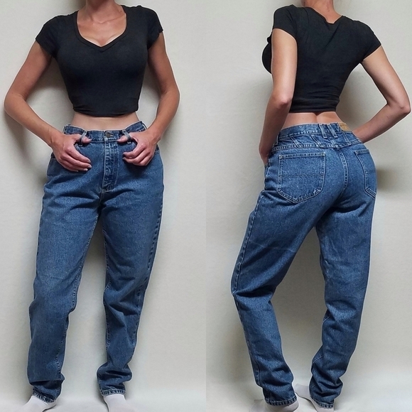 VINTAGE 90s Lee Mid Wash Distressed Stone Wash High Rise Jeans 12 Long - Picture 1 of 13
